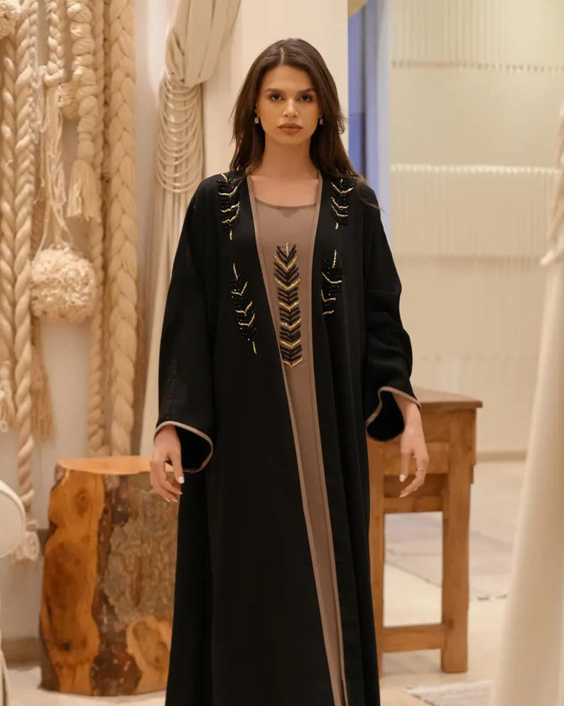 Luxurious Brown & Black Abaya and Dress Set with Handcrafted Details by Infinite Vibes Abayas