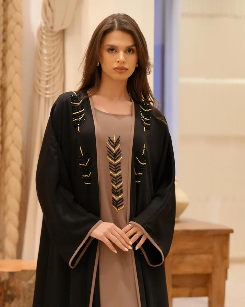 Hand-Embellished Brown & Black Abaya with Matching Dress from Infinite Vibes Abayas Collection