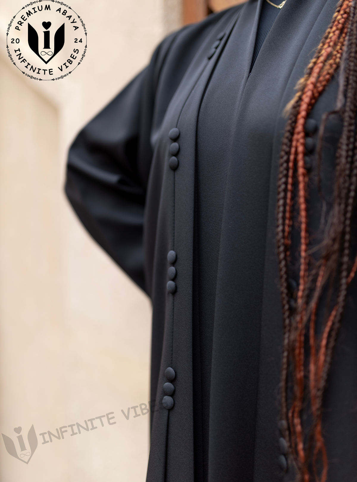 Celebrate Ramadan in Style: Black Abaya with Button Accents & Sheila - INFINITE VIBES 