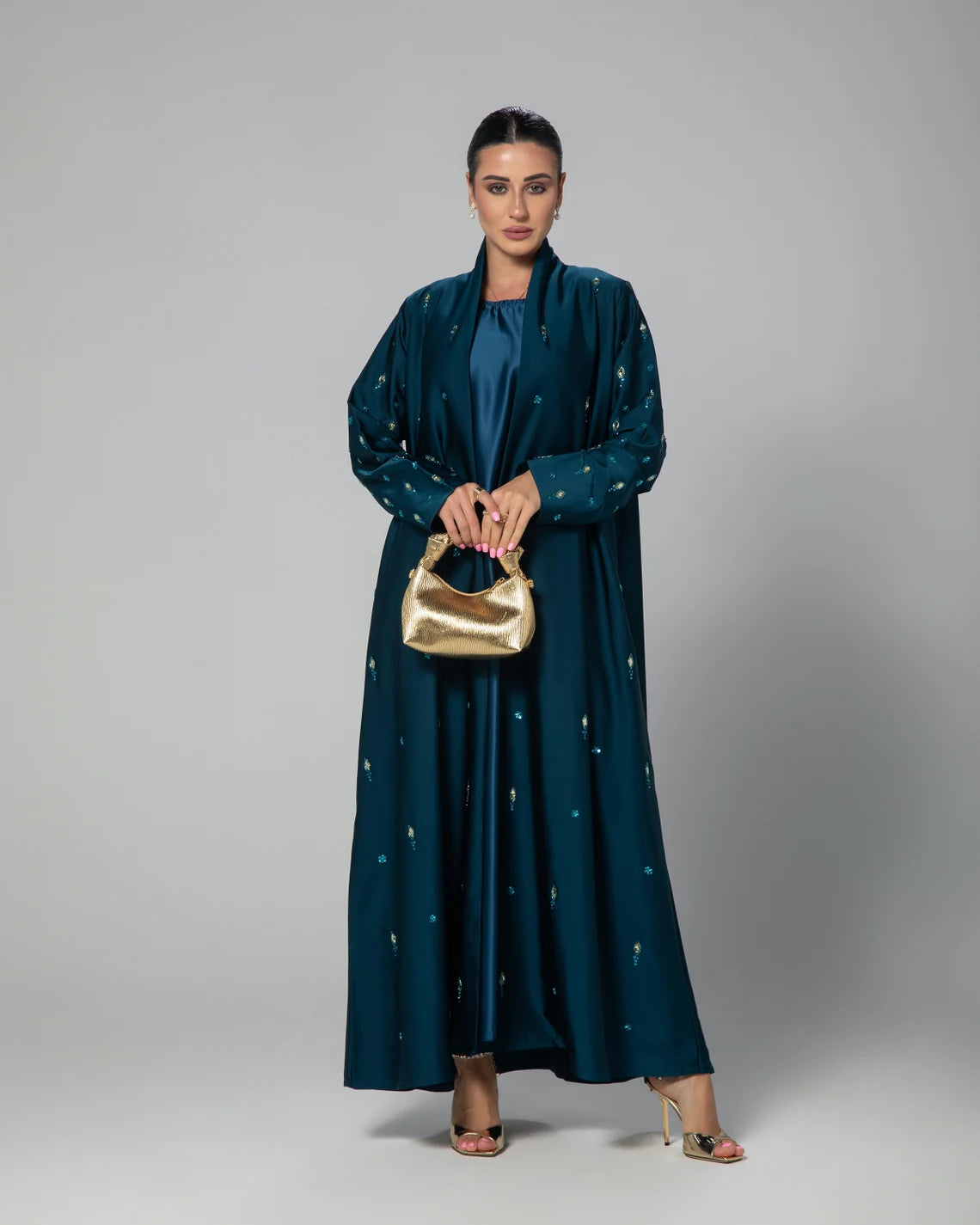 Luxurious Teal Embroidered Abaya – Elegant Modest Wear | Infinite Vibes