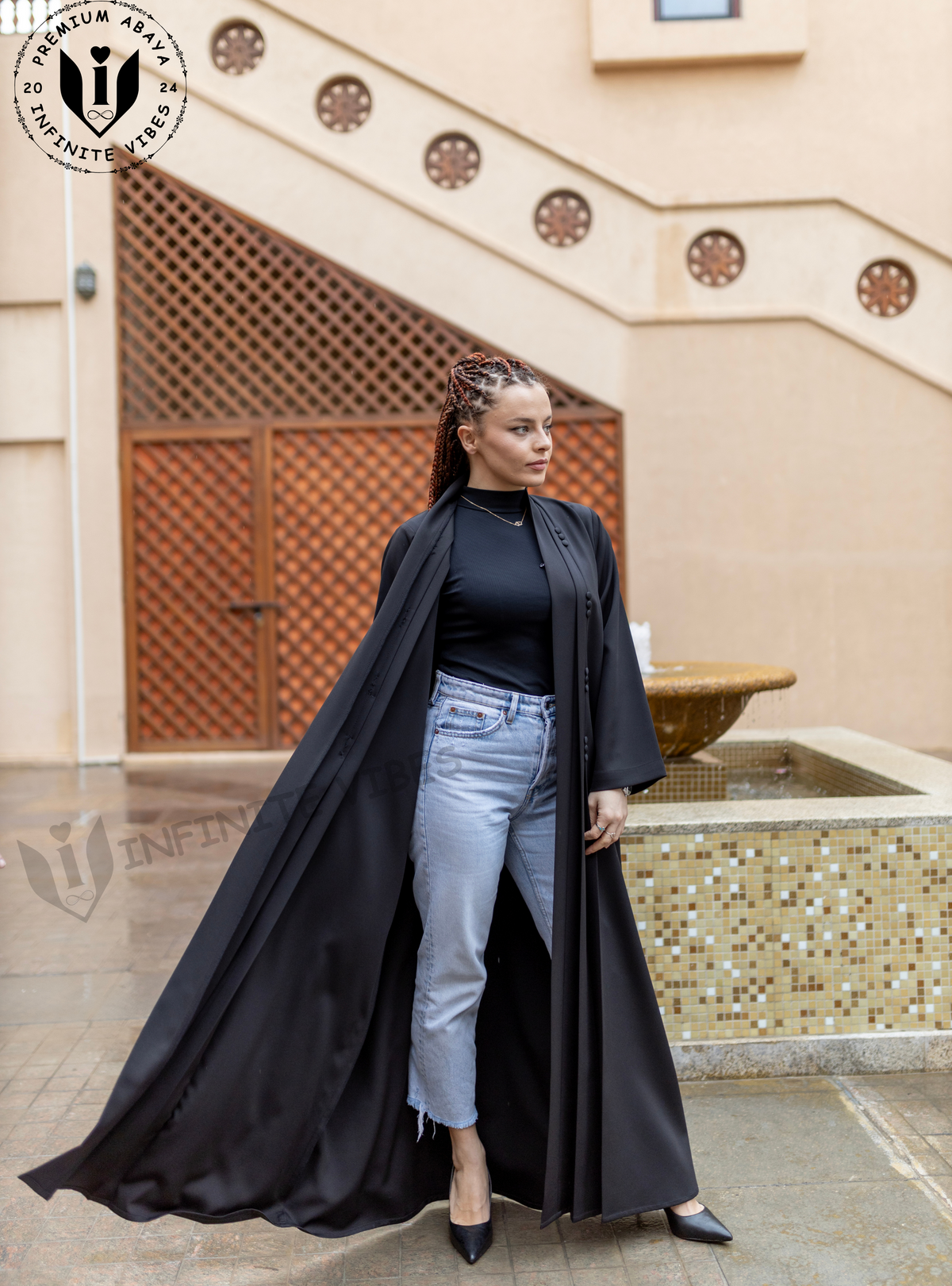 Celebrate Ramadan in Style: Black Abaya with Button Accents & Sheila - INFINITE VIBES 