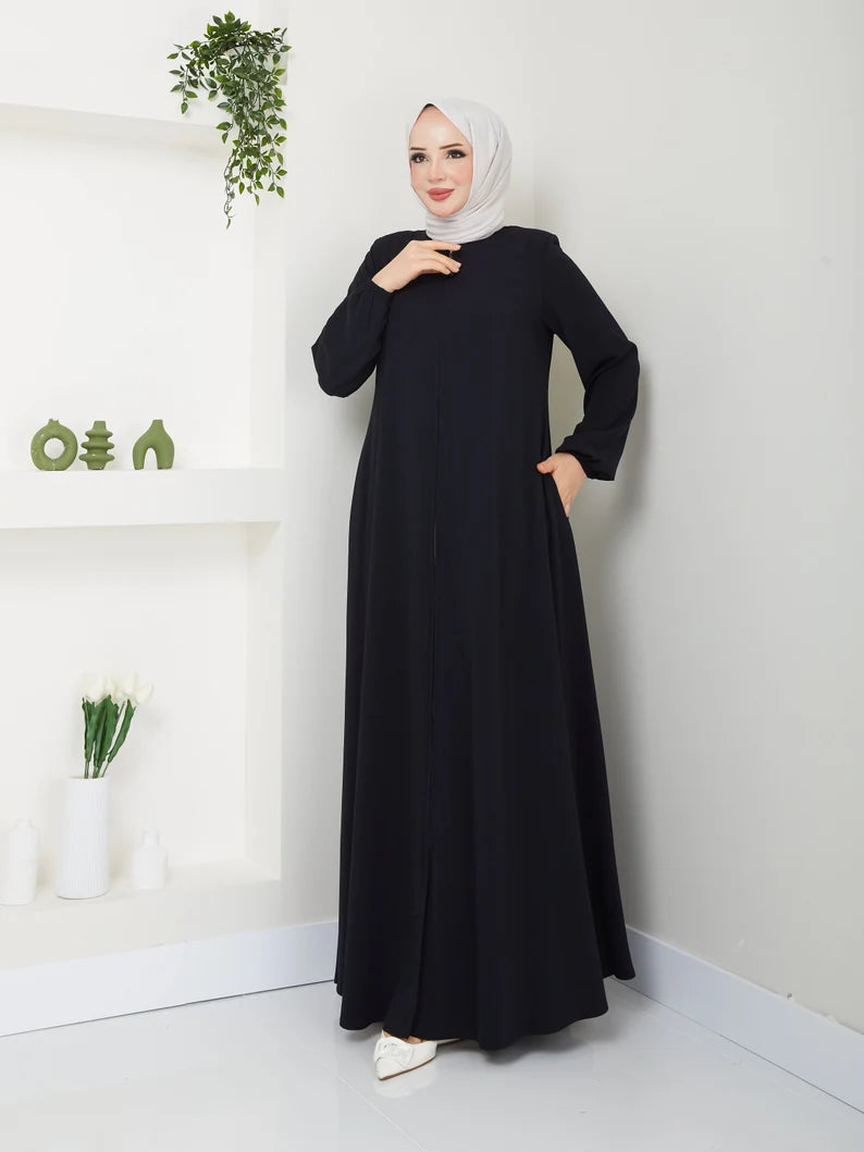 Long Sleeve Black Abaya with Hidden Zipper & Pockets | Infinite Vibes - INFINITE VIBES 