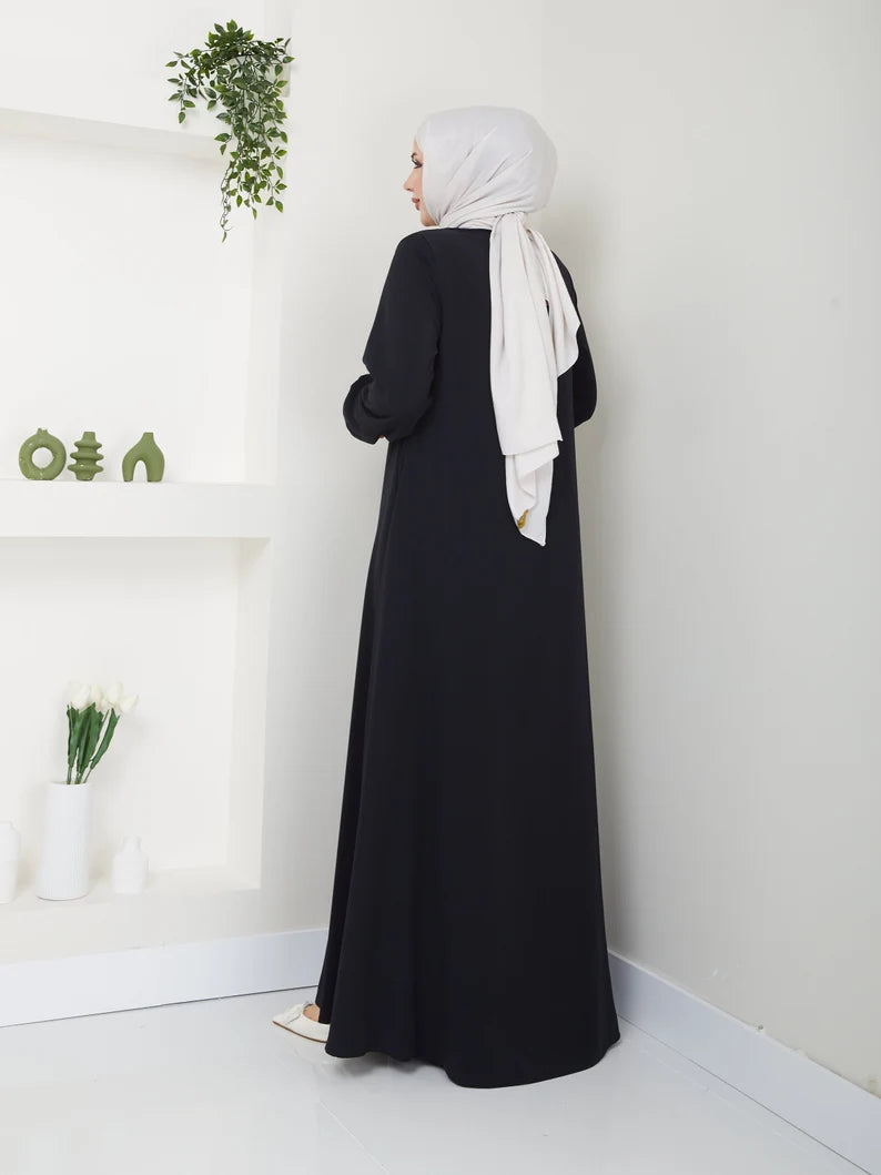 Long Sleeve Black Abaya with Hidden Zipper & Pockets | Infinite Vibes - INFINITE VIBES 