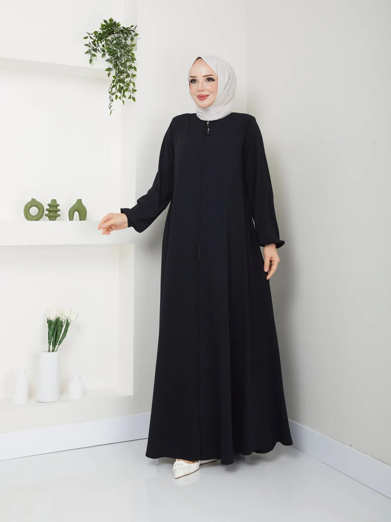 Long Sleeve Black Abaya with Hidden Zipper & Pockets | Infinite Vibes - INFINITE VIBES 