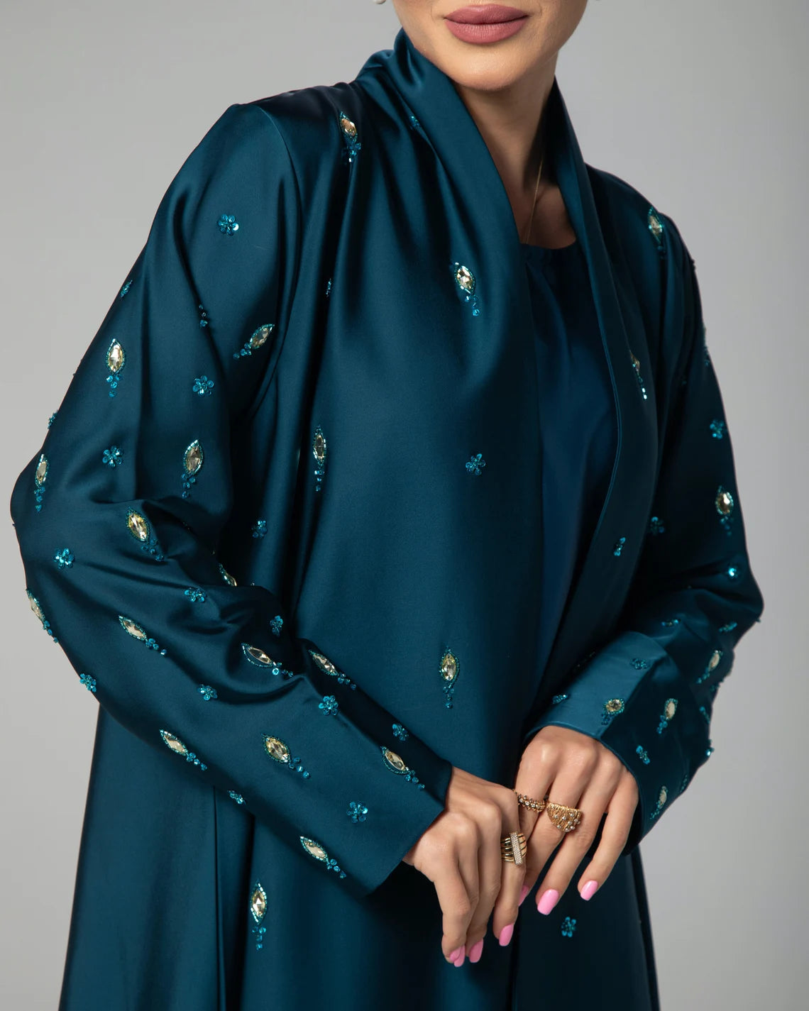 Luxurious Teal Embroidered Abaya – Elegant Modest Wear | Infinite Vibes