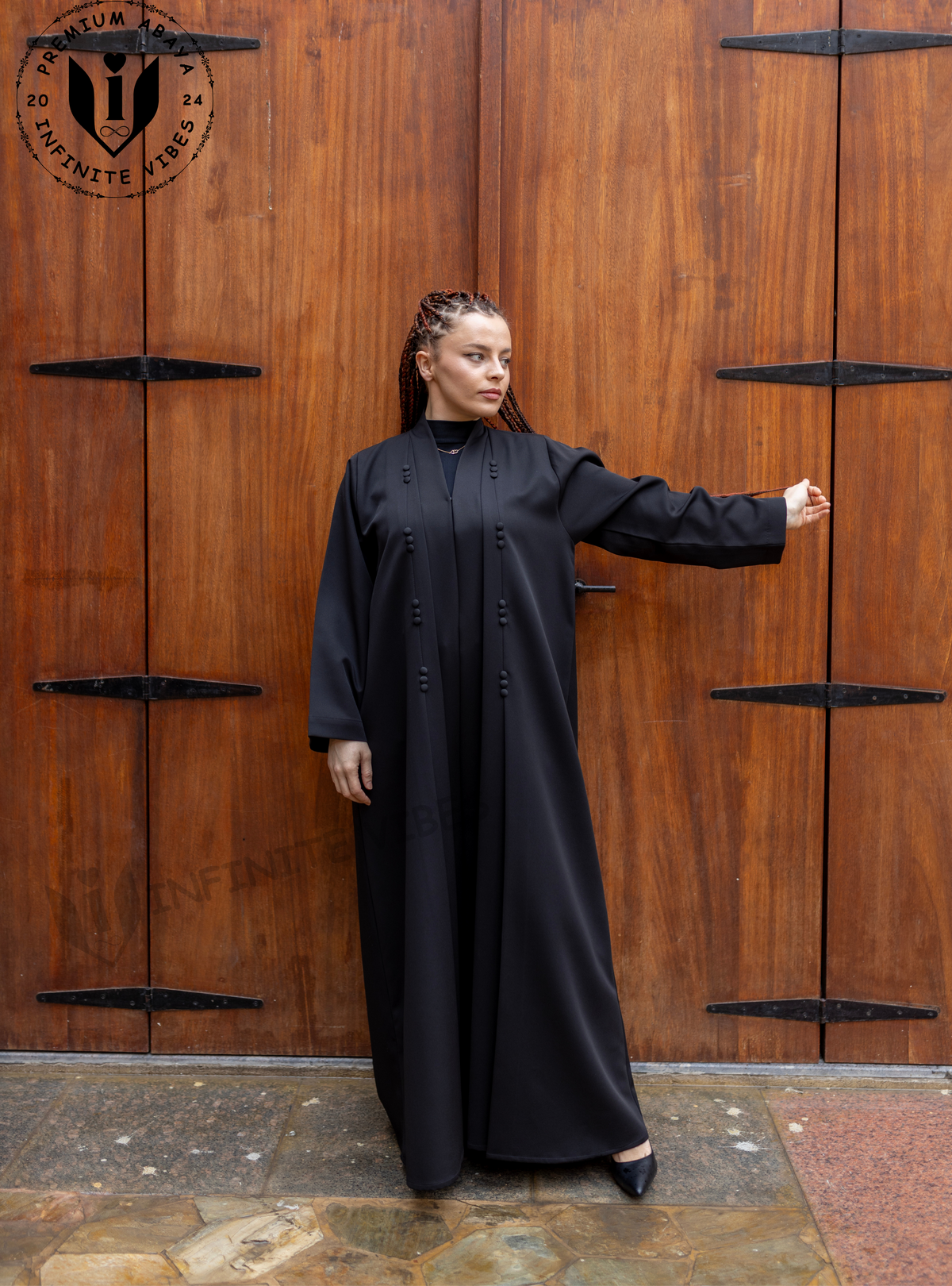 Celebrate Ramadan in Style: Black Abaya with Button Accents & Sheila - INFINITE VIBES 