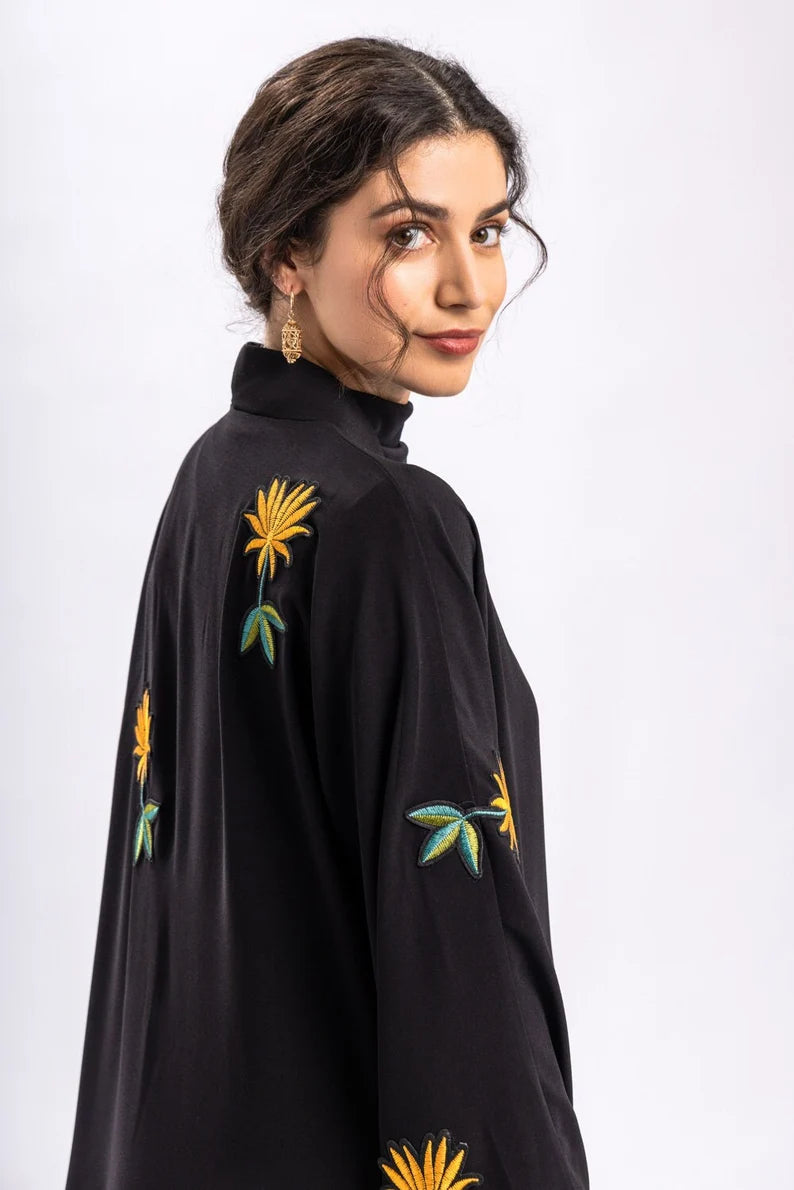 Custom size black abaya with gold floral accents