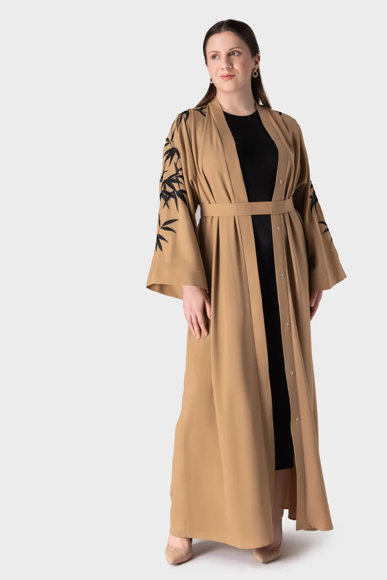 Premium quality beige abaya for women, bamboo design, Dubai modest fashion Infinite Vibes"