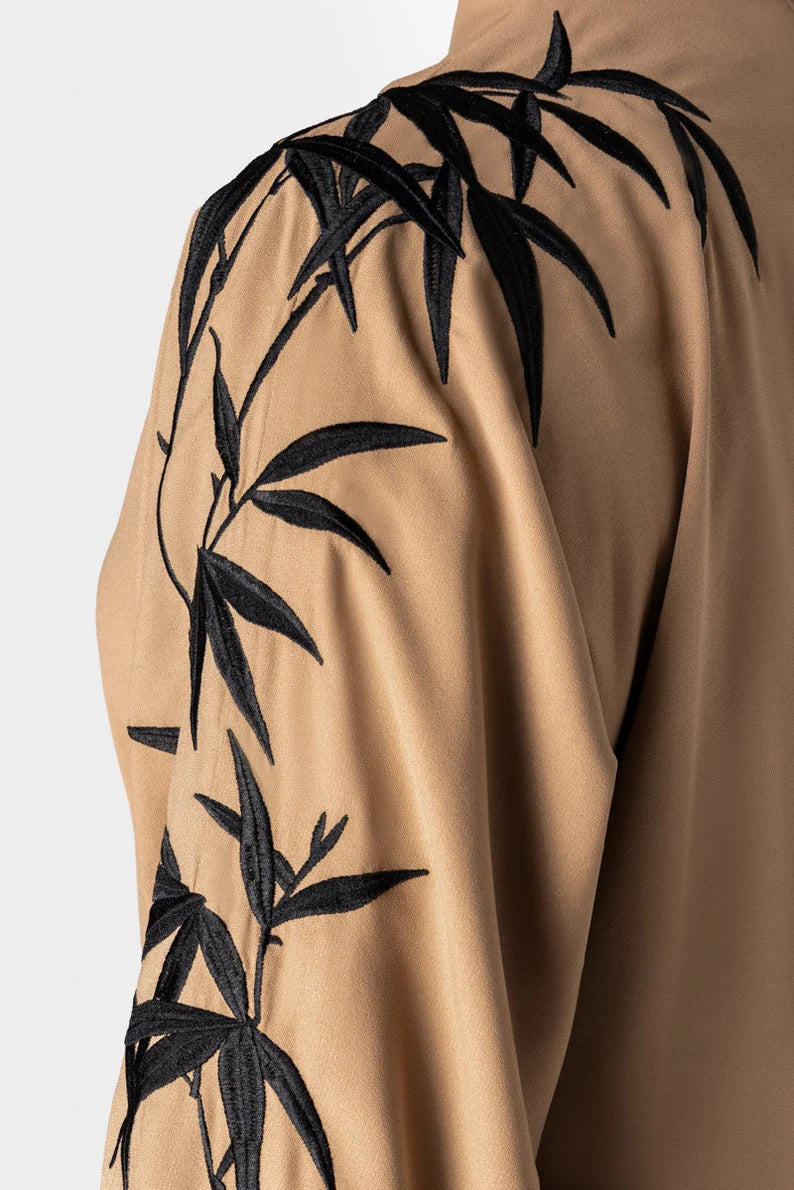 Luxury abaya with bamboo embroidery on sleeves, beige color, Infinite Vibes