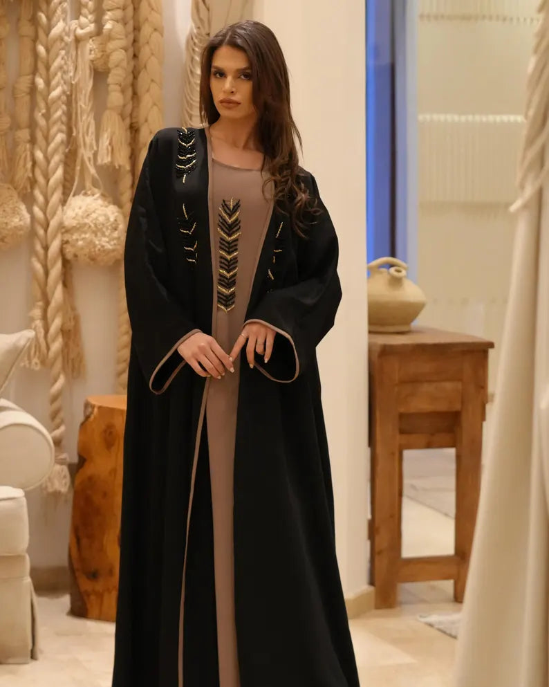 Elegant Brown & Black Abaya with Handcrafted Details by Infinite Vibes Abayas